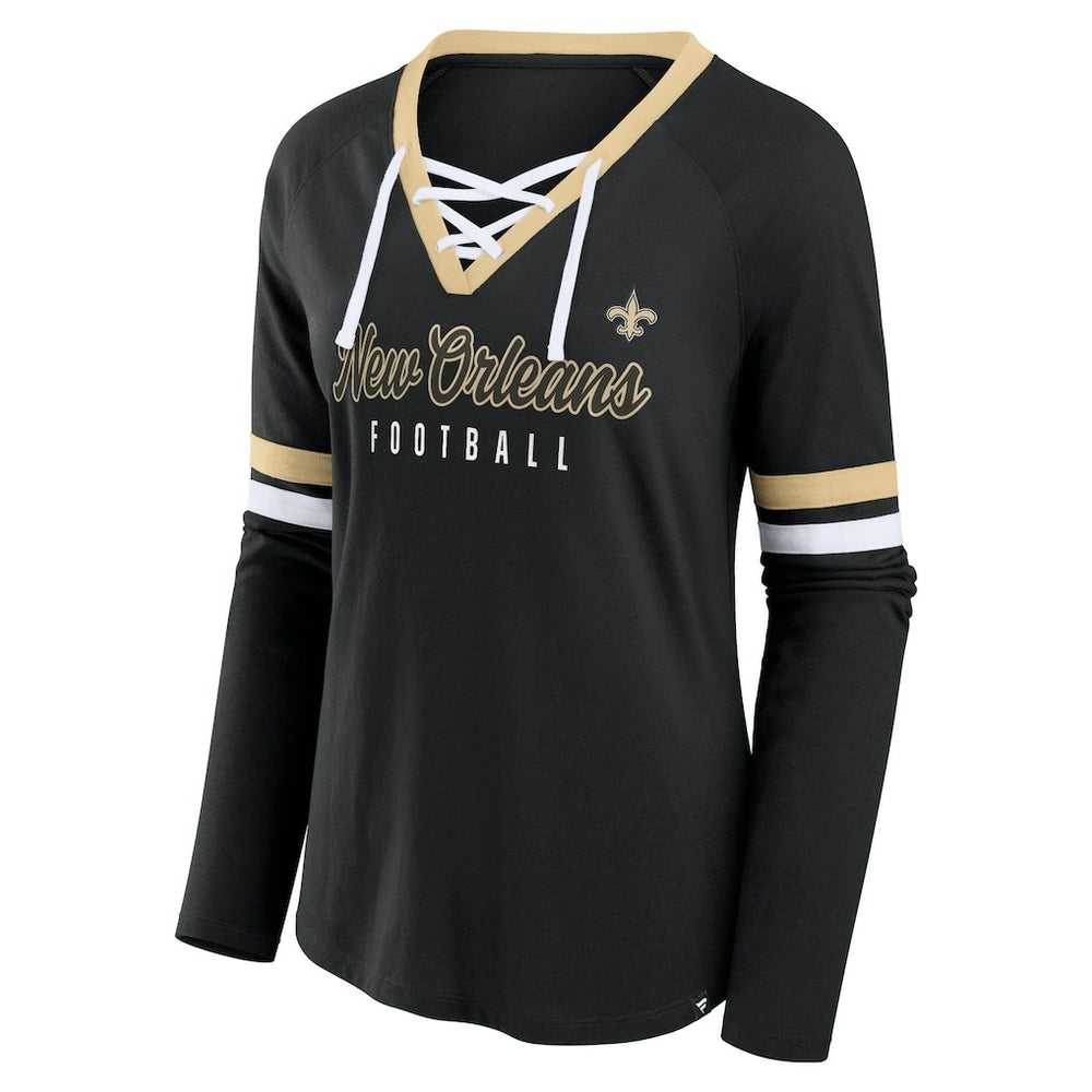 New Orleans Saints Women's Won and Done Lace-Up Long Sleeve Fashion Top Black | Fanatics