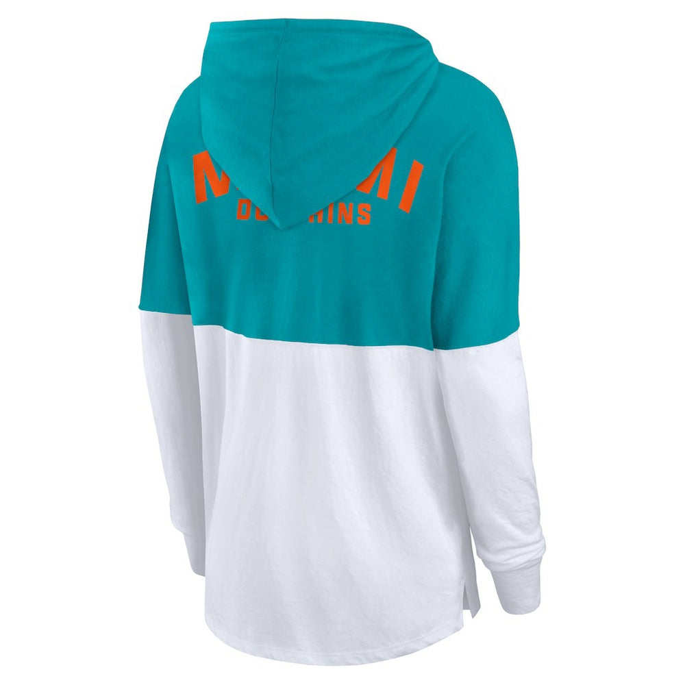Miami Dolphins Women's Backup Option Long Sleeve Hoodie T-Shirt Aqua/White | Fanatics