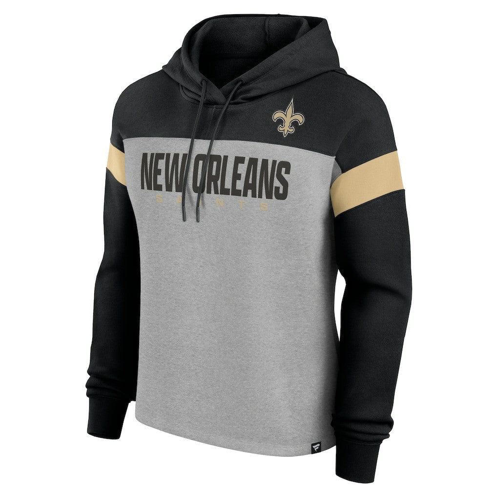 New Orleans Saints Women's Bold Play Call Pullover Hoodie Heather Gray/Black | Fanatics