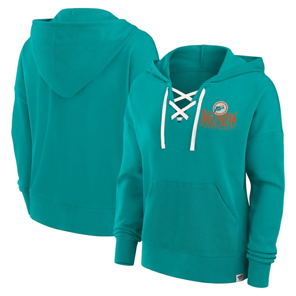 Miami Dolphins Women's Blitz Left Lace-Up Pullover Hoodie Aqua | Fanatics