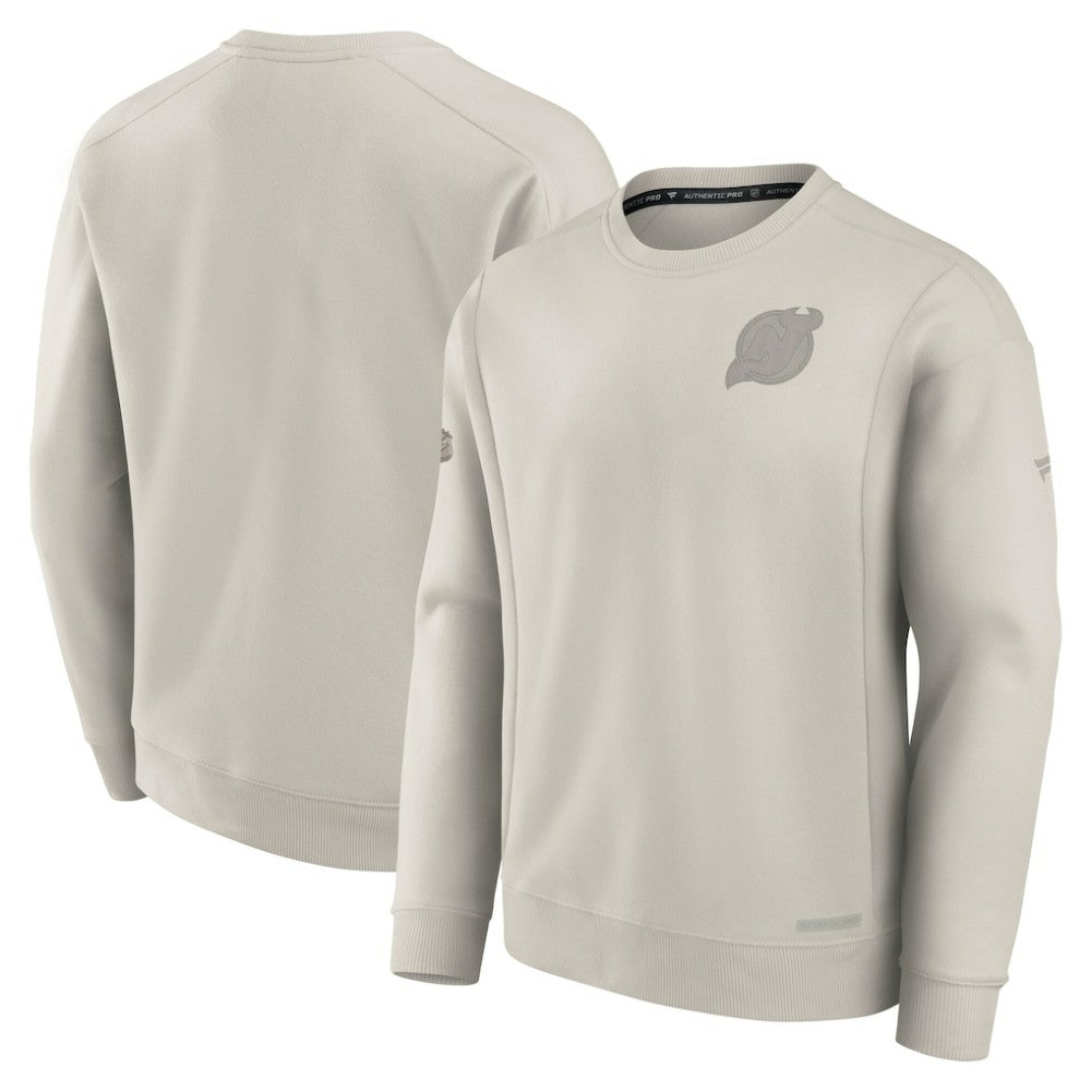 New Jersey Devils Fanatics Authentic Pro Road Fleece Pullover Sweatshirt - Cream - NHL