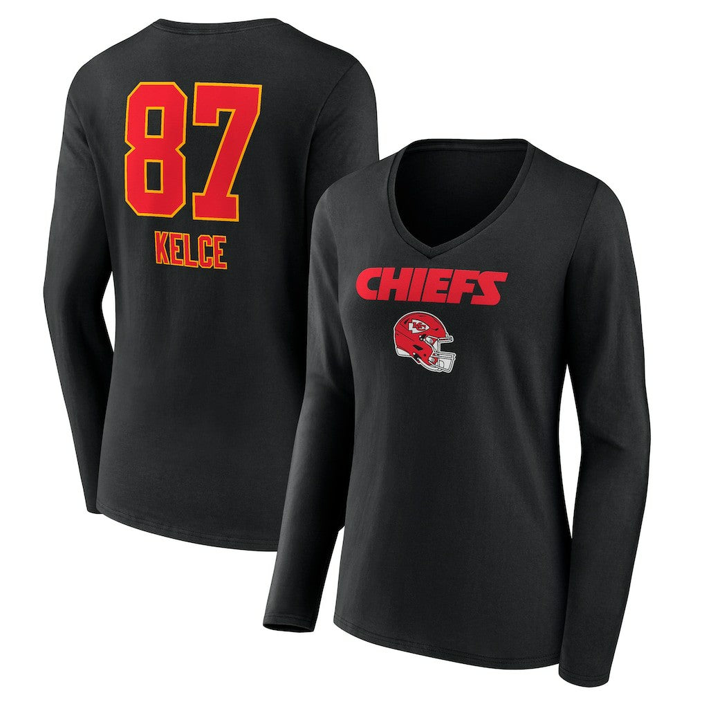 Travis Kelce Kansas City Chiefs Women's Team Wordmark Player Name & Number Long Sleeve V-Neck T-Shirt Black | NFL