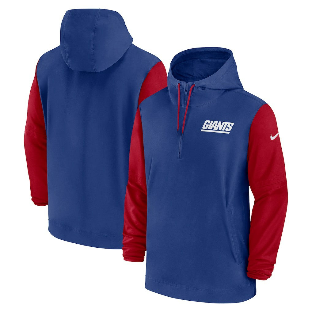 New York Giants 2024/25 Sideline Pre-Game Player 1/2-Zip Hoodie Jacket Royal/Red | Nike for Sale