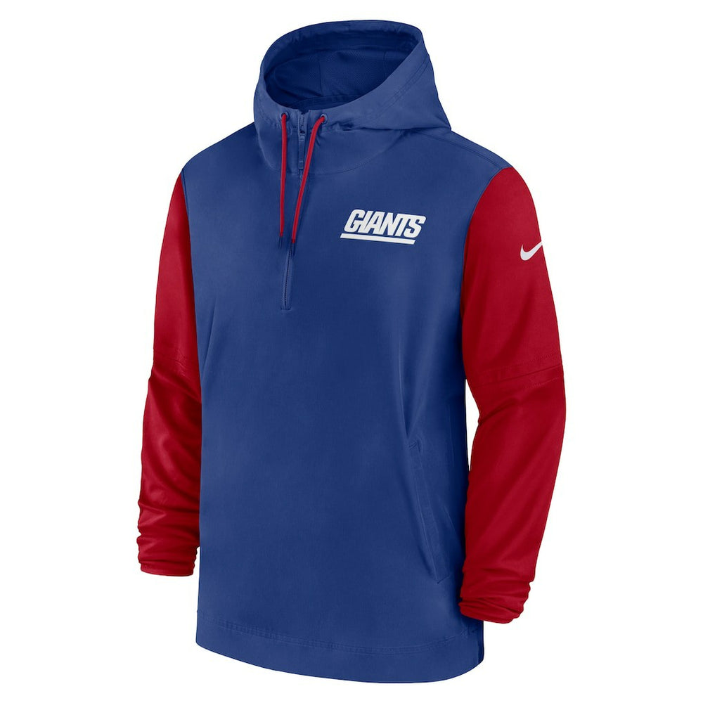 New York Giants 2024/25 Sideline Pre-Game Player 1/2-Zip Hoodie Jacket Royal/Red | Nike for Sale