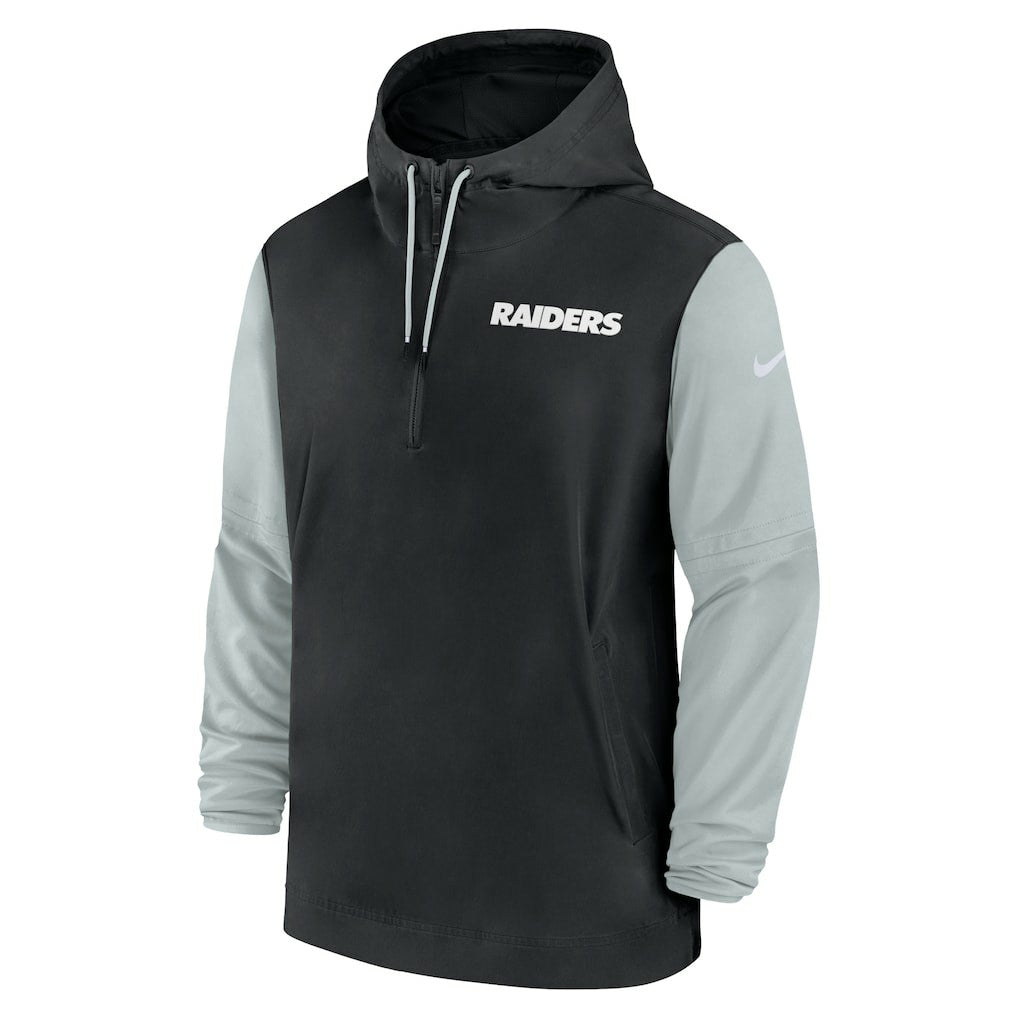 Las Vegas Raiders 2024/25 Sideline Pre-Game Player 1/2-Zip Hoodie Jacket Black/Silver | Nike for Sale