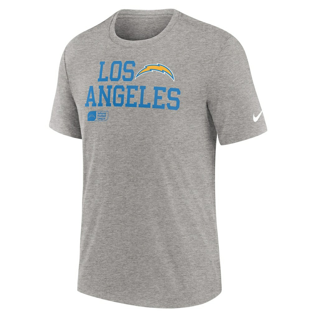 Los Angeles Chargers Overlap Lockup Tri-Blend T-Shirt Heather Gray | Nike for Sale