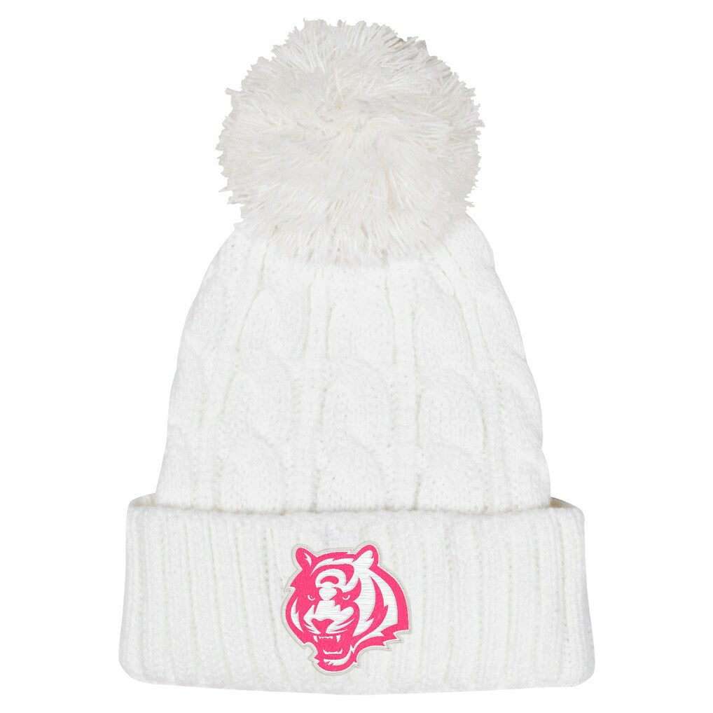 Cincinnati Bengals Girls Youth Cable Cuffed Knit Hat with Pom White | NFL