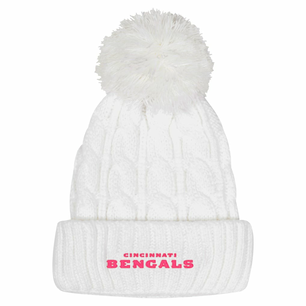 Cincinnati Bengals Girls Youth Cable Cuffed Knit Hat with Pom White | NFL
