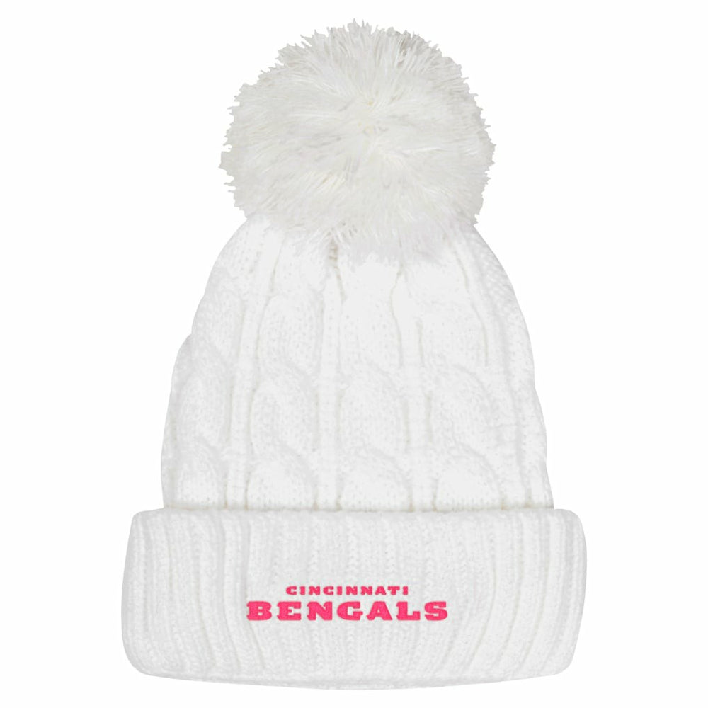 Cincinnati Bengals Girls Youth Cable Cuffed Knit Hat with Pom White | NFL