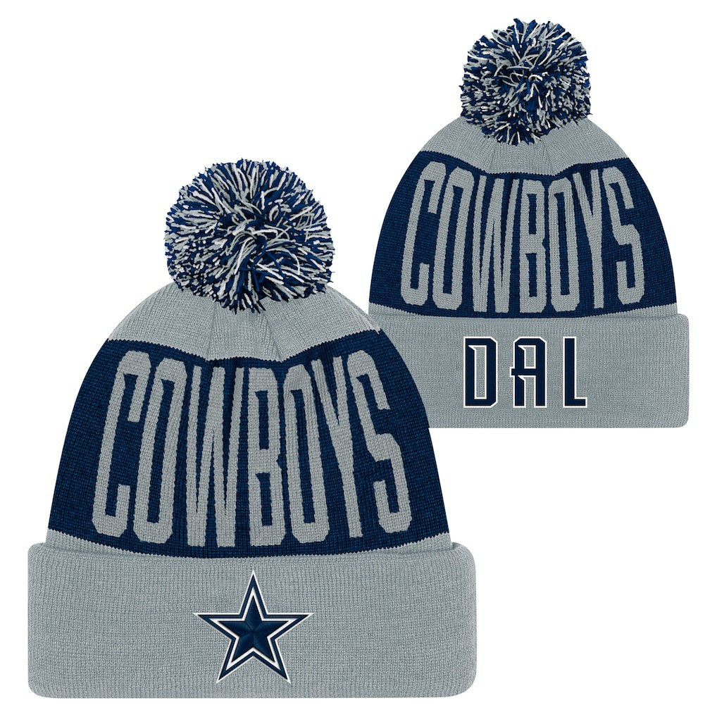 Dallas Cowboys Youth Bevel Cuffed Knit Hat with Pom Navy/Gray | NFL