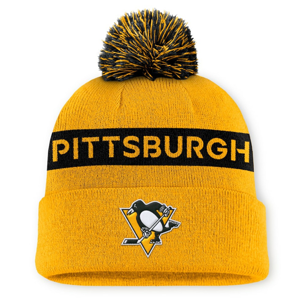 Pittsburgh Penguins Fanatics Women's Authentic Pro Rink Cuffed Knit Hat with Pom - Gold/Black - NHL