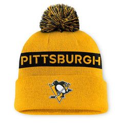 Pittsburgh Penguins Fanatics Women's Authentic Pro Rink Cuffed Knit Hat with Pom - Gold/Black - NHL