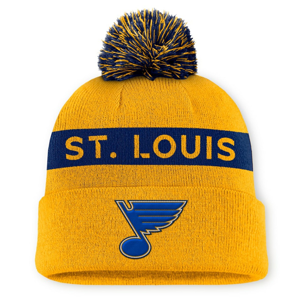 St. Louis Blues Fanatics Women's Authentic Pro Rink Cuffed Knit Hat with Pom - Gold/Navy - NHL