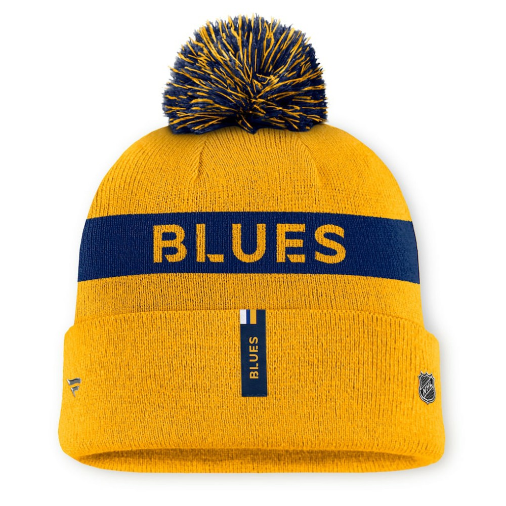 St. Louis Blues Fanatics Women's Authentic Pro Rink Cuffed Knit Hat with Pom - Gold/Navy - NHL