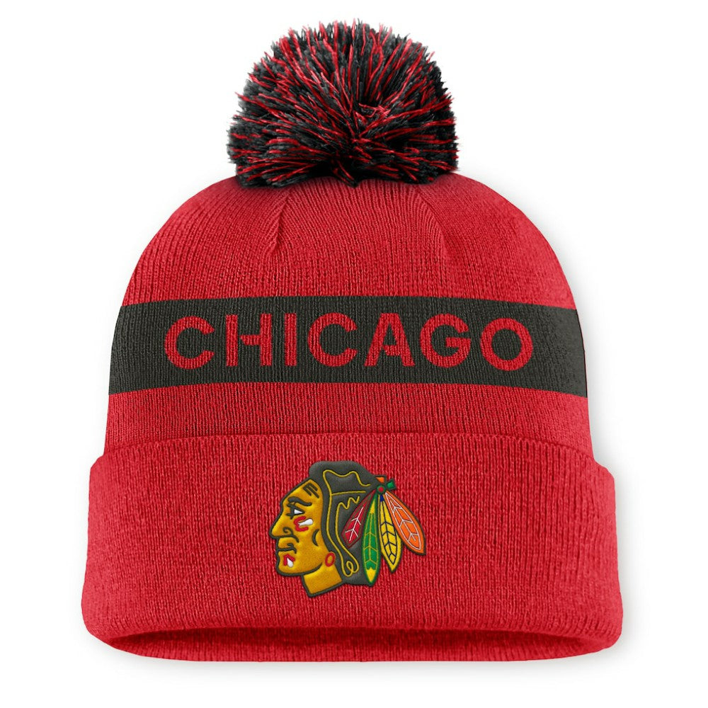Chicago Blackhawks Fanatics Women's Authentic Pro Rink Cuffed Knit Hat with Pom - Red/Black - NHL