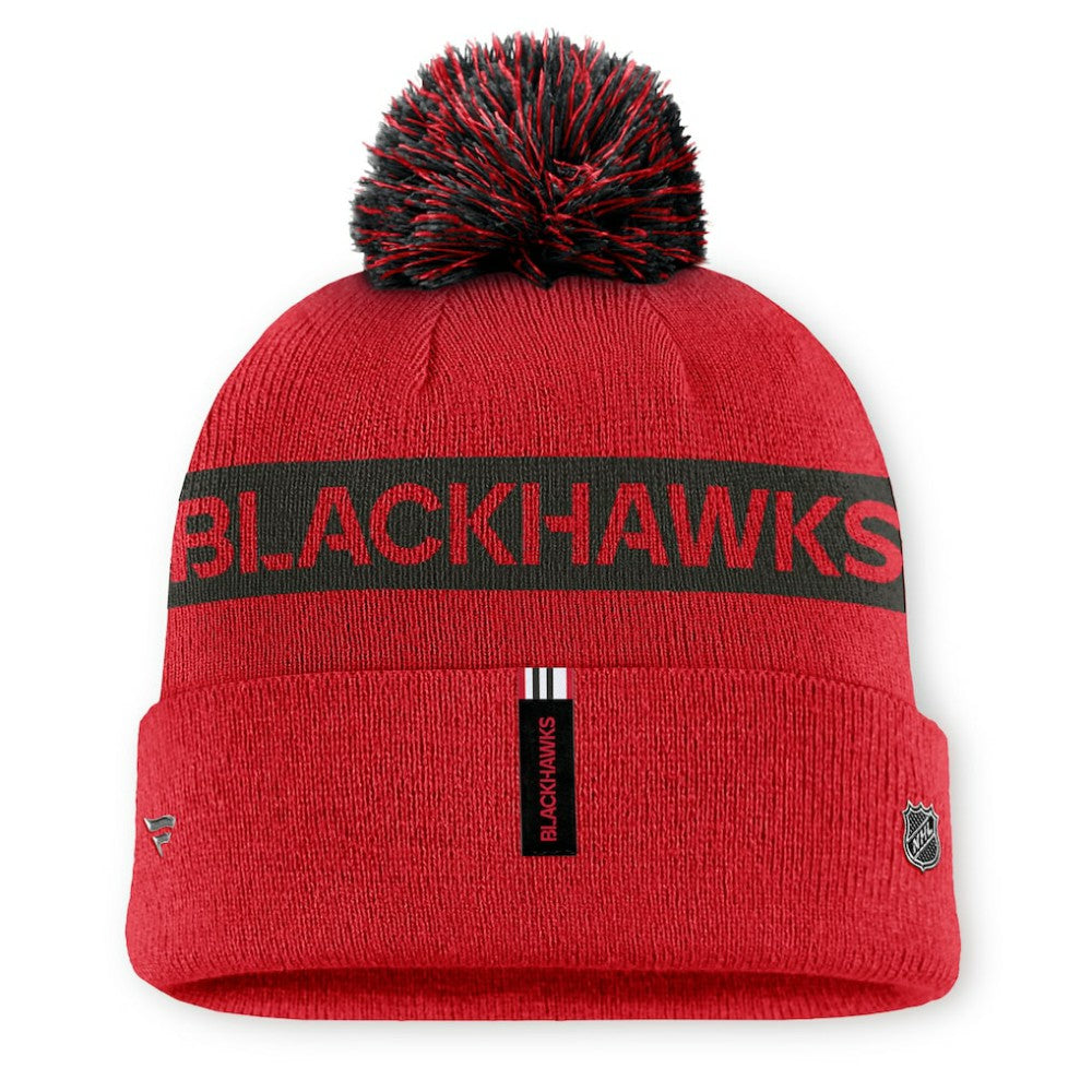 Chicago Blackhawks Fanatics Women's Authentic Pro Rink Cuffed Knit Hat with Pom - Red/Black - NHL
