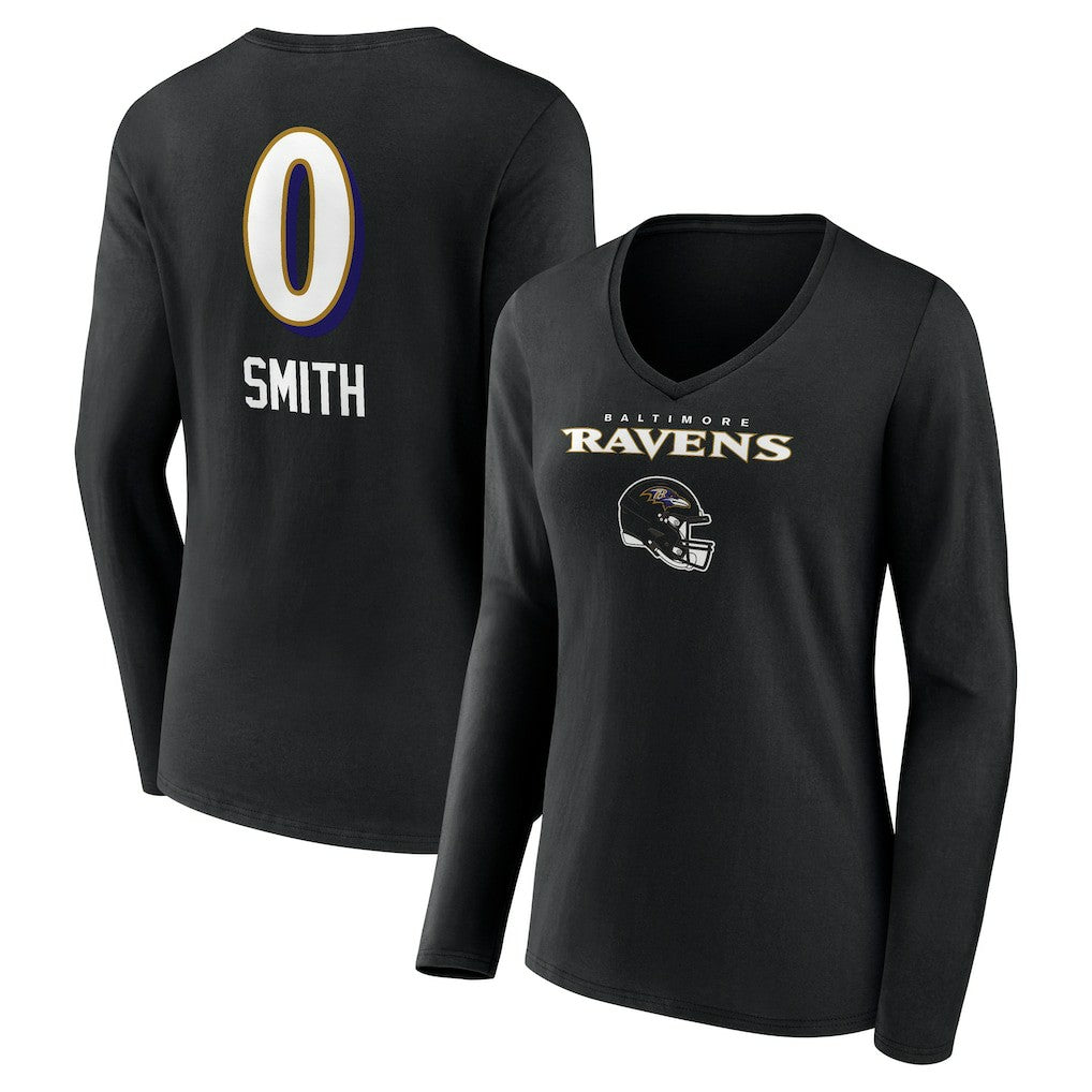 Roquan Smith Baltimore Ravens Women's Team Wordmark Player Name & Number Long Sleeve V-Neck T-Shirt Black | NFL