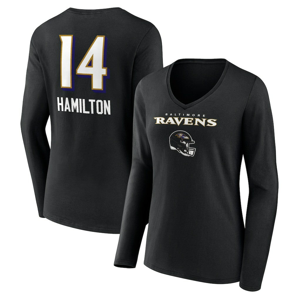 Kyle Hamilton Baltimore Ravens Women's Team Wordmark Player Name & Number Long Sleeve V-Neck T-Shirt Black | NFL