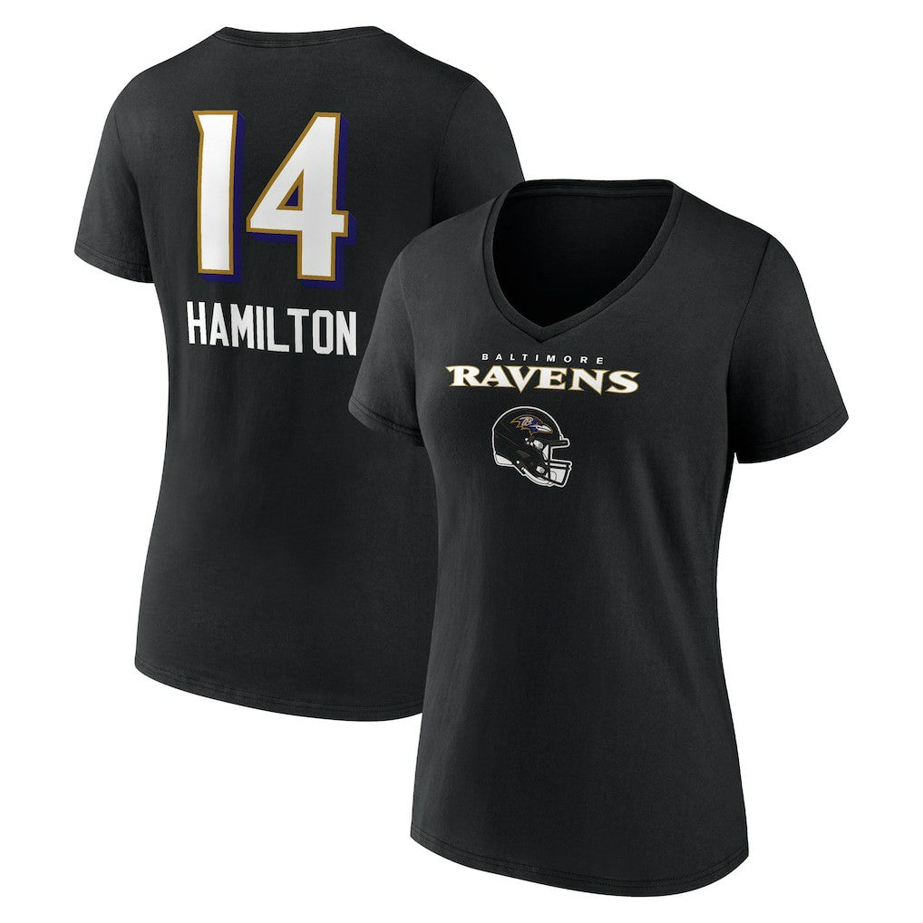 Kyle Hamilton Baltimore Ravens Women's Team Wordmark Player Name & Number V-Neck T-Shirt Black | NFL