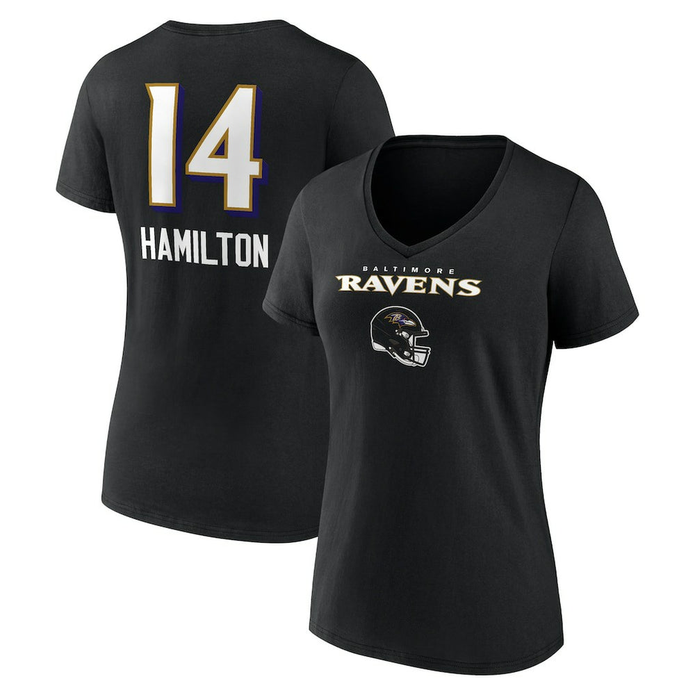 Kyle Hamilton Baltimore Ravens Women's Team Wordmark Player Name & Number V-Neck T-Shirt Black | NFL