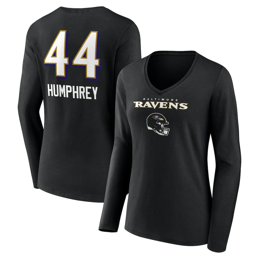 Marlon Humphrey Baltimore Ravens Women's Team Wordmark Player Name & Number Long Sleeve V-Neck T-Shirt Black | NFL