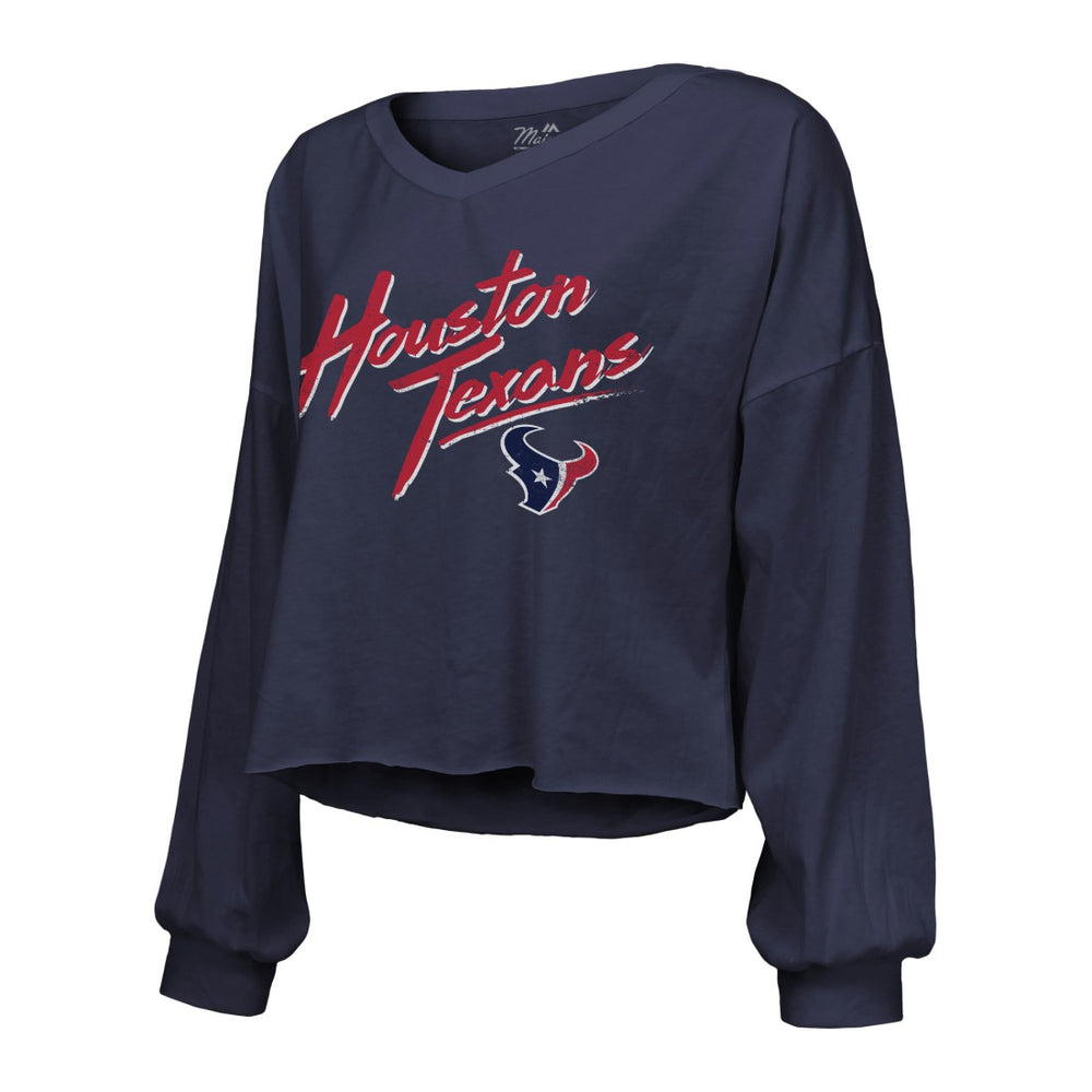 C.J. Stroud Houston Texans Majestic Threads Women's Name & Number Script Off-Shoulder Cropped Long Sleeve T-Shirt Navy | NFL