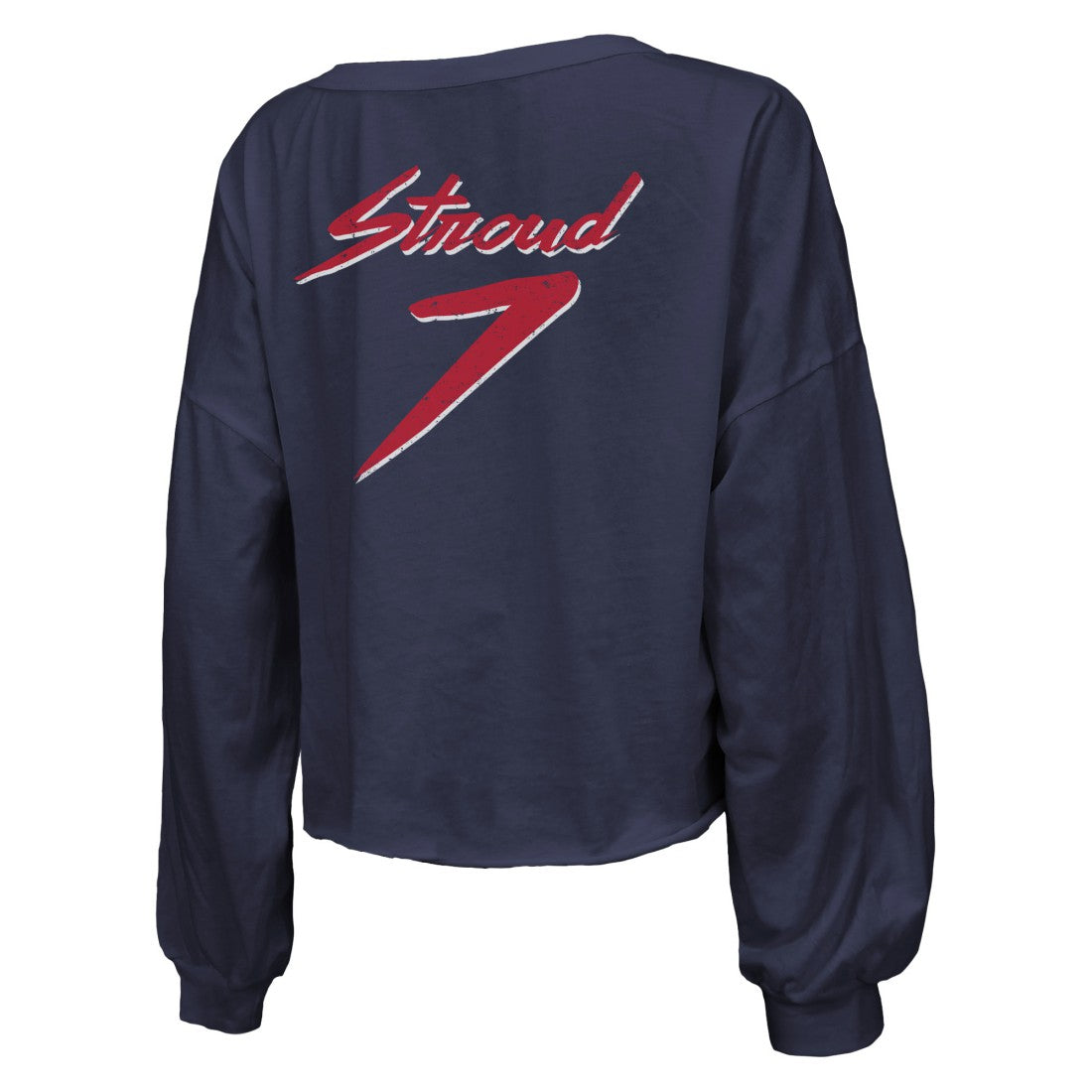 C.J. Stroud Houston Texans Majestic Threads Women's Name & Number Script Off-Shoulder Cropped Long Sleeve T-Shirt Navy | NFL