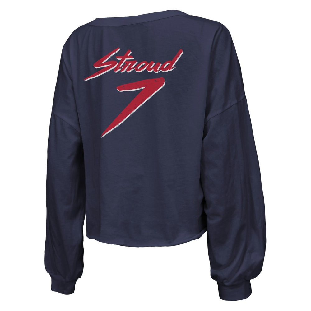 C.J. Stroud Houston Texans Majestic Threads Women's Name & Number Script Off-Shoulder Cropped Long Sleeve T-Shirt Navy | NFL