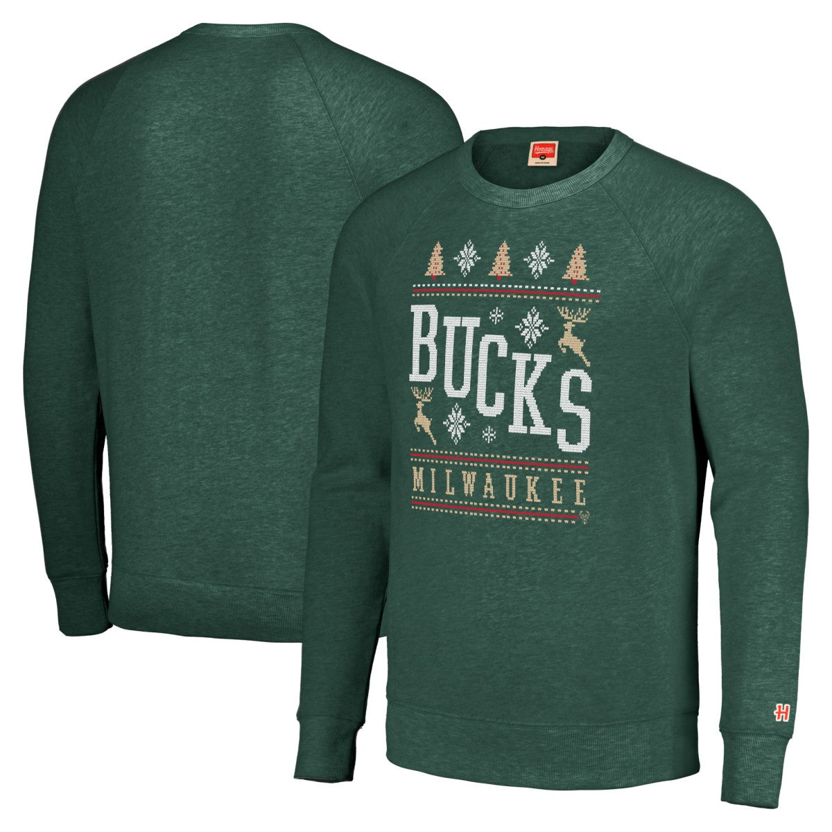 Milwaukee Bucks Homage Unisex Holiday Raglan Pullover Sweatshirt Hunter Green - NBA
