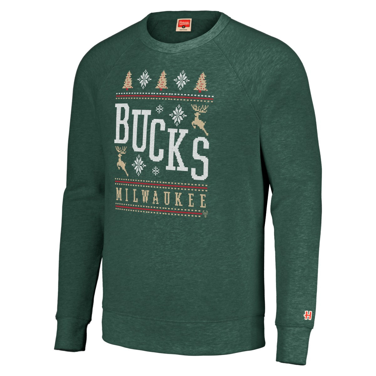 Milwaukee Bucks Homage Unisex Holiday Raglan Pullover Sweatshirt Hunter Green - NBA