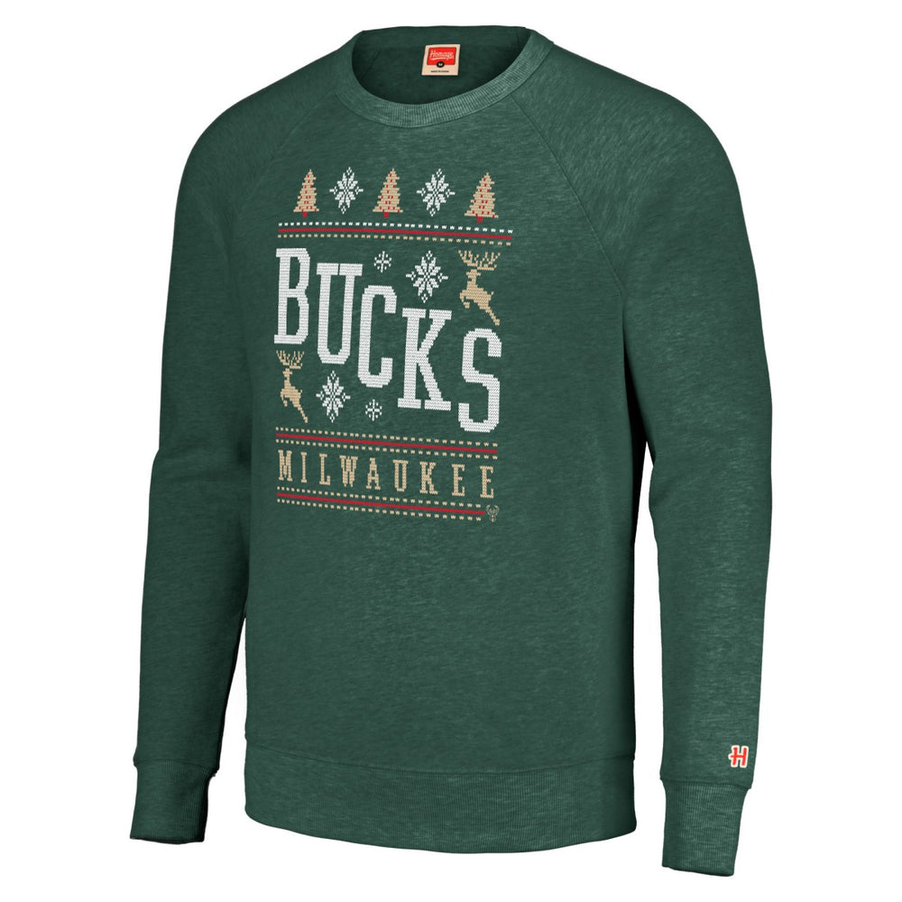 Milwaukee Bucks Homage Unisex Holiday Raglan Pullover Sweatshirt Hunter Green - NBA