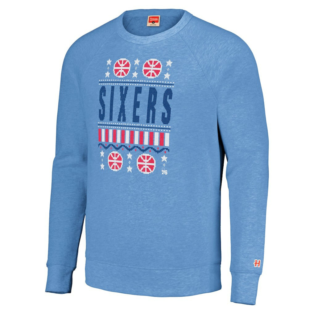Philadelphia 76ers Homage Unisex Holiday Raglan Pullover Sweatshirt Light Blue - NBA