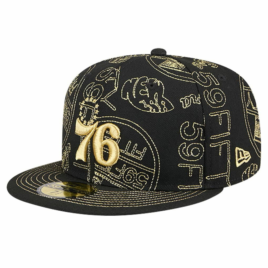 Philadelphia 76ers 59FIFTY Day Allover Print Stencil Fitted Hat Black - NBA