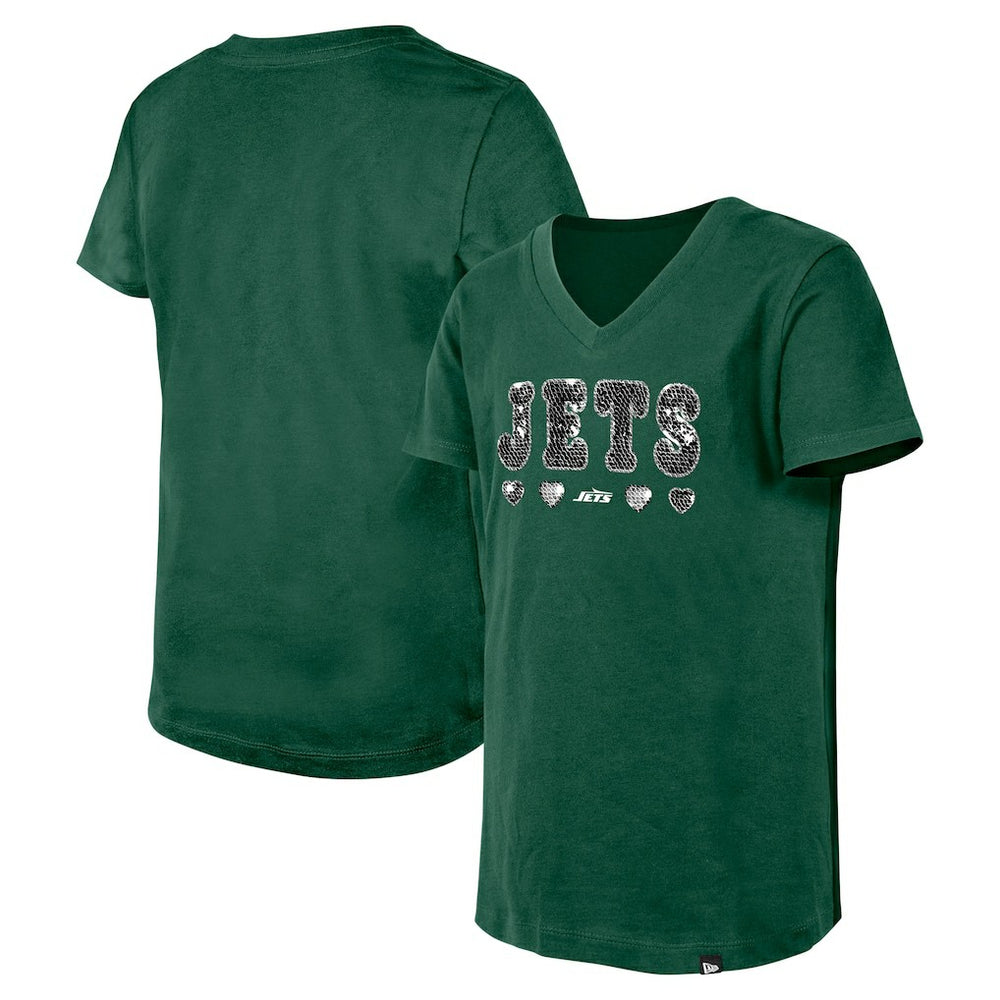 New York Jets New Era Girls Youth Flip Sequin V-Neck T-Shirt Green | NFL