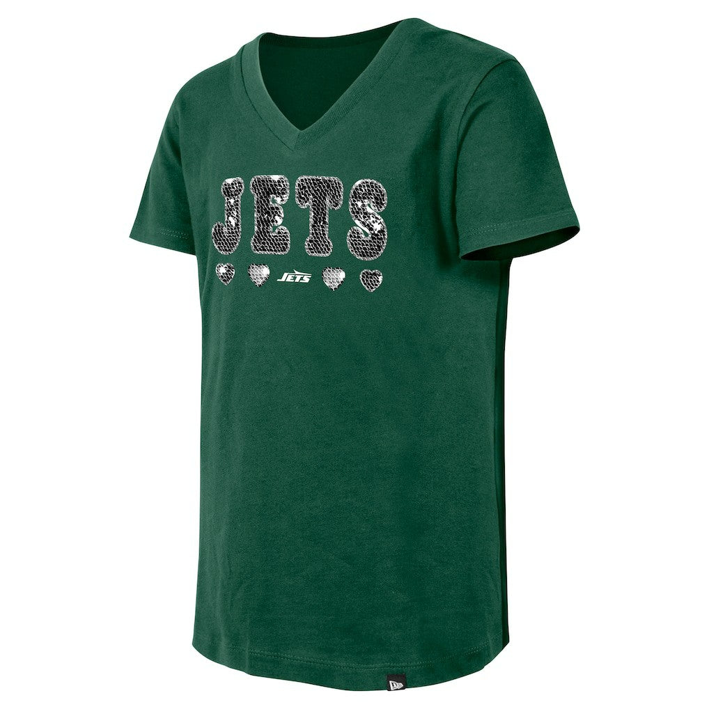 New York Jets New Era Girls Youth Flip Sequin V-Neck T-Shirt Green | NFL