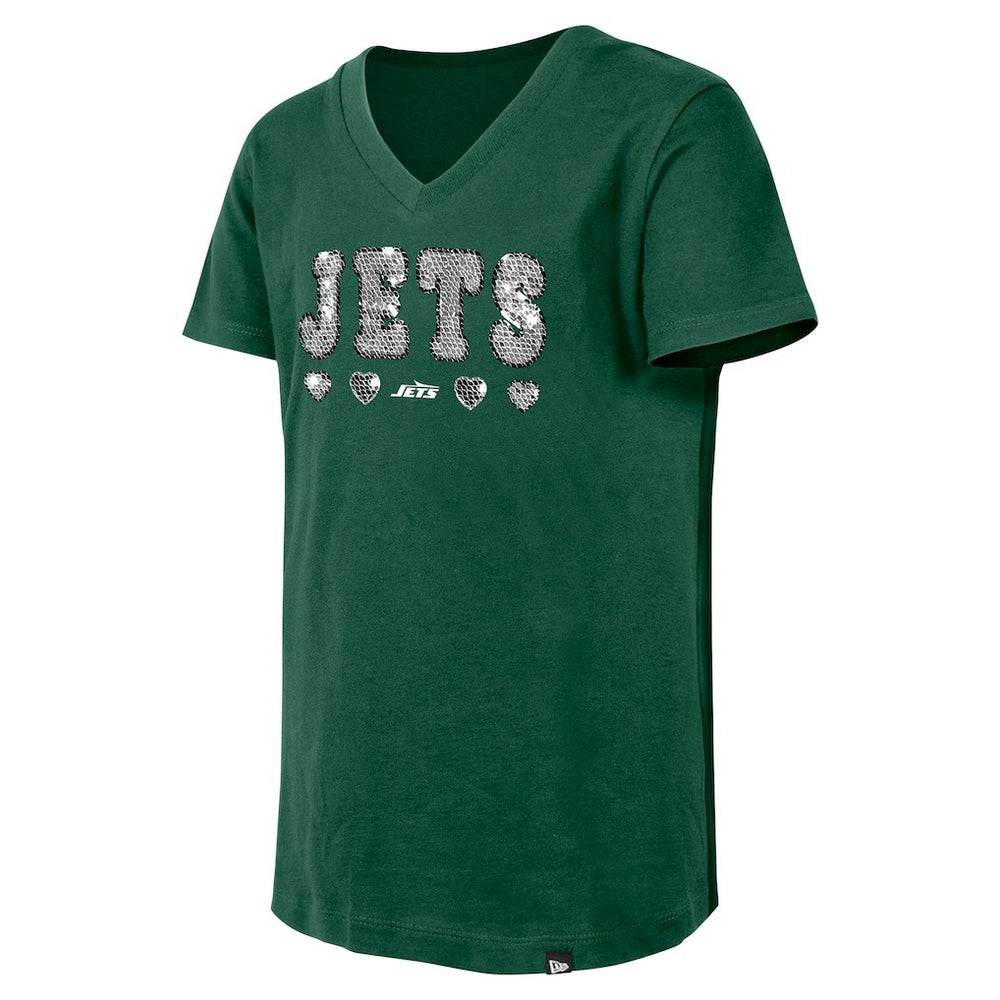 New York Jets New Era Girls Youth Flip Sequin V-Neck T-Shirt Green | NFL
