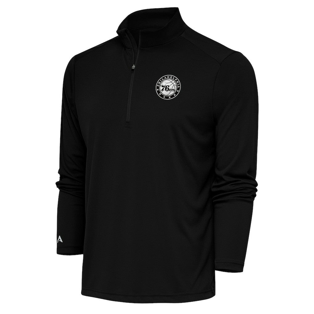 Philadelphia 76ers Antigua Metallic Logo Tribute Quarter-Zip Pullover Black - NBA