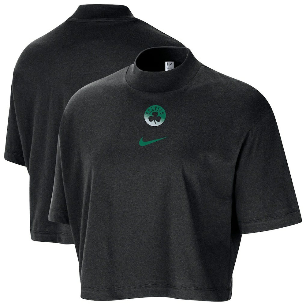 Boston Celtics Women's Courtside Mock Neck Loose Fit Cropped T-Shirt Black - NBA