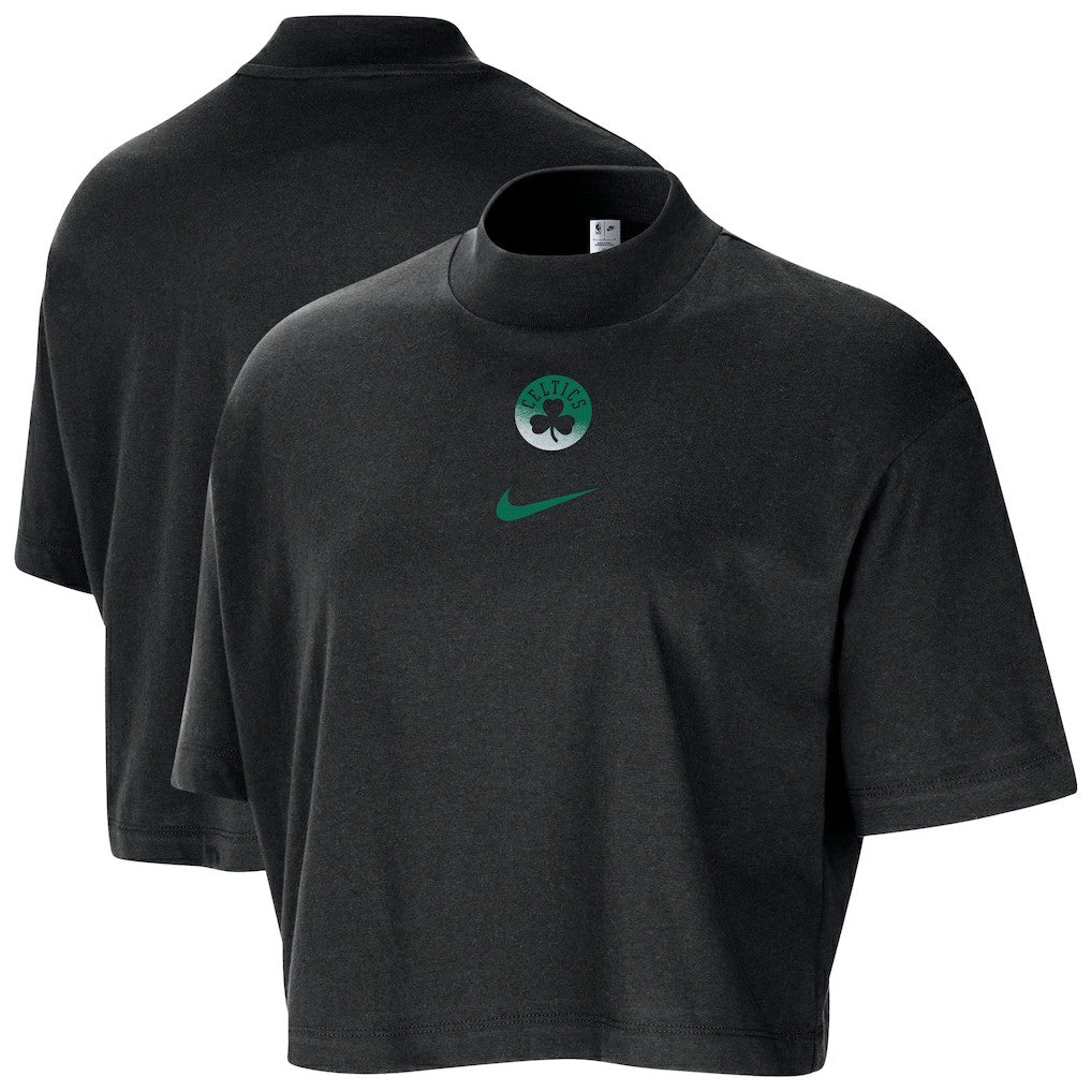 Boston Celtics Women's Courtside Mock Neck Loose Fit Cropped T-Shirt Black - NBA
