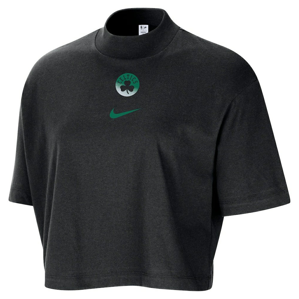 Boston Celtics Women's Courtside Mock Neck Loose Fit Cropped T-Shirt Black - NBA