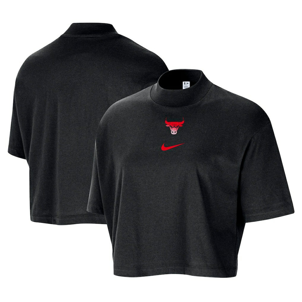 Chicago Bulls Women's Courtside Mock Neck Loose Fit Cropped T-Shirt Black - NBA