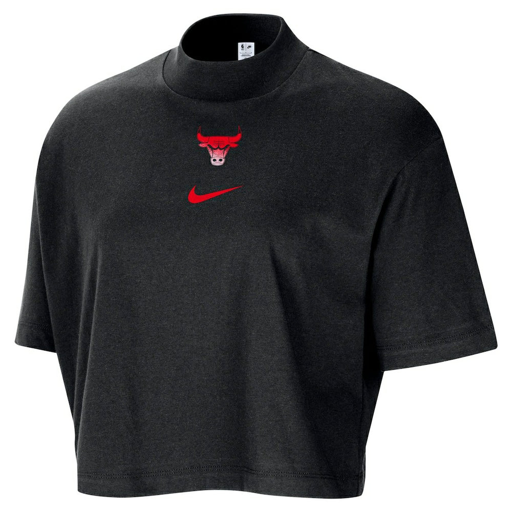 Chicago Bulls Women's Courtside Mock Neck Loose Fit Cropped T-Shirt Black - NBA