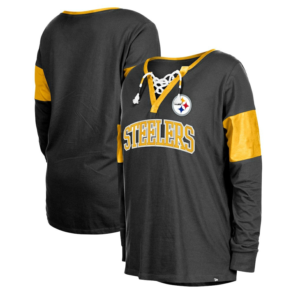 Pittsburgh Steelers New Era Women's Lace-Up Notch-Neck Long Sleeve T-Shirt Black | NFL