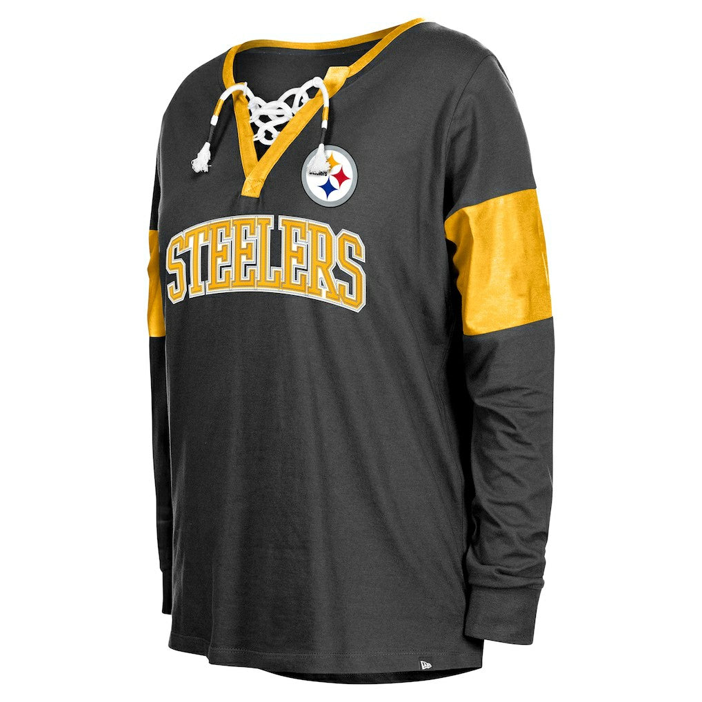 Pittsburgh Steelers New Era Women's Lace-Up Notch-Neck Long Sleeve T-Shirt Black | NFL