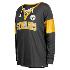Pittsburgh Steelers New Era Women's Lace-Up Notch-Neck Long Sleeve T-Shirt Black | NFL