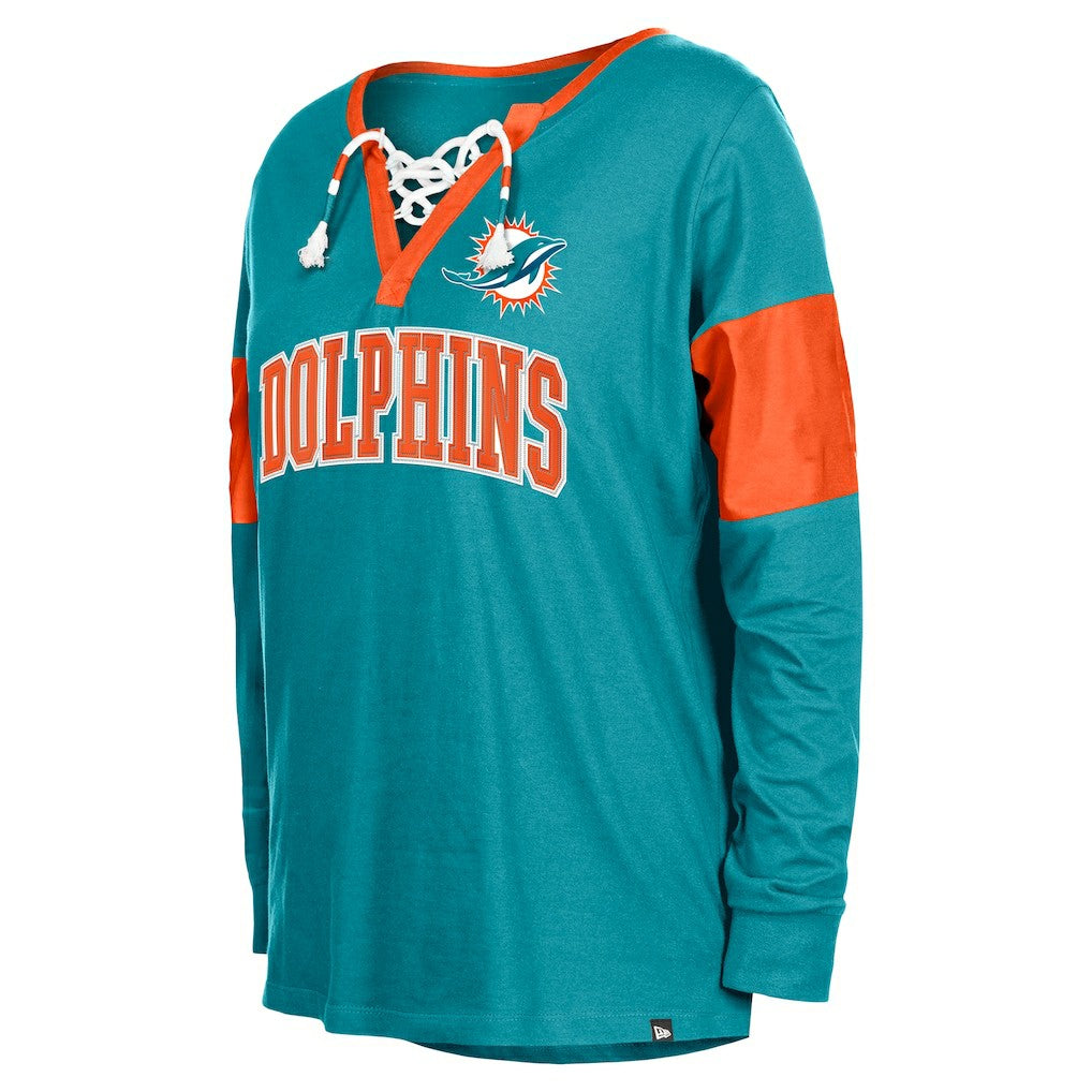 Miami Dolphins New Era Women's Lace-Up Notch-Neck Long Sleeve T-Shirt Aqua | NFL
