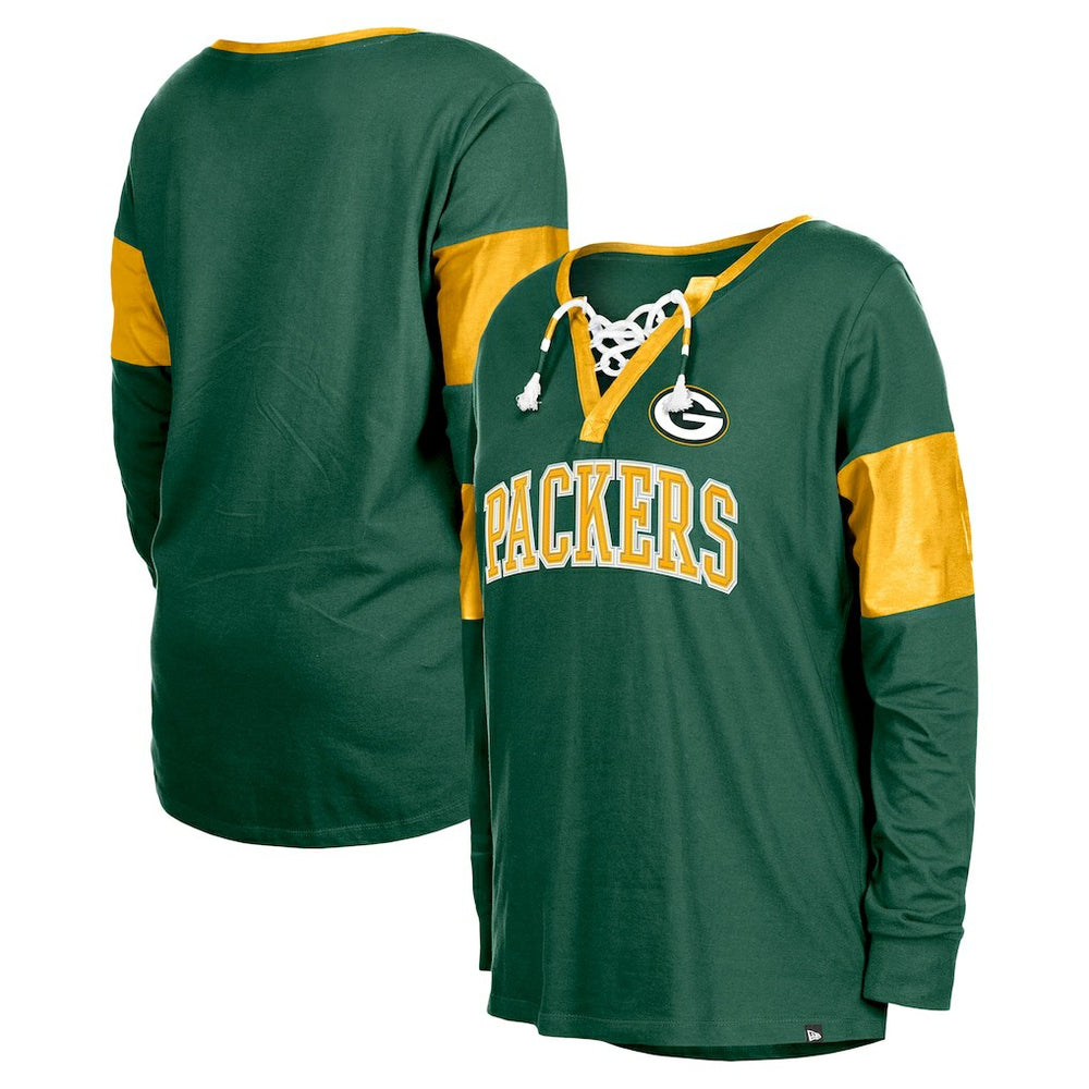 Green Bay Packers New Era Women's Lace-Up Notch-Neck Long Sleeve T-Shirt Green | NFL