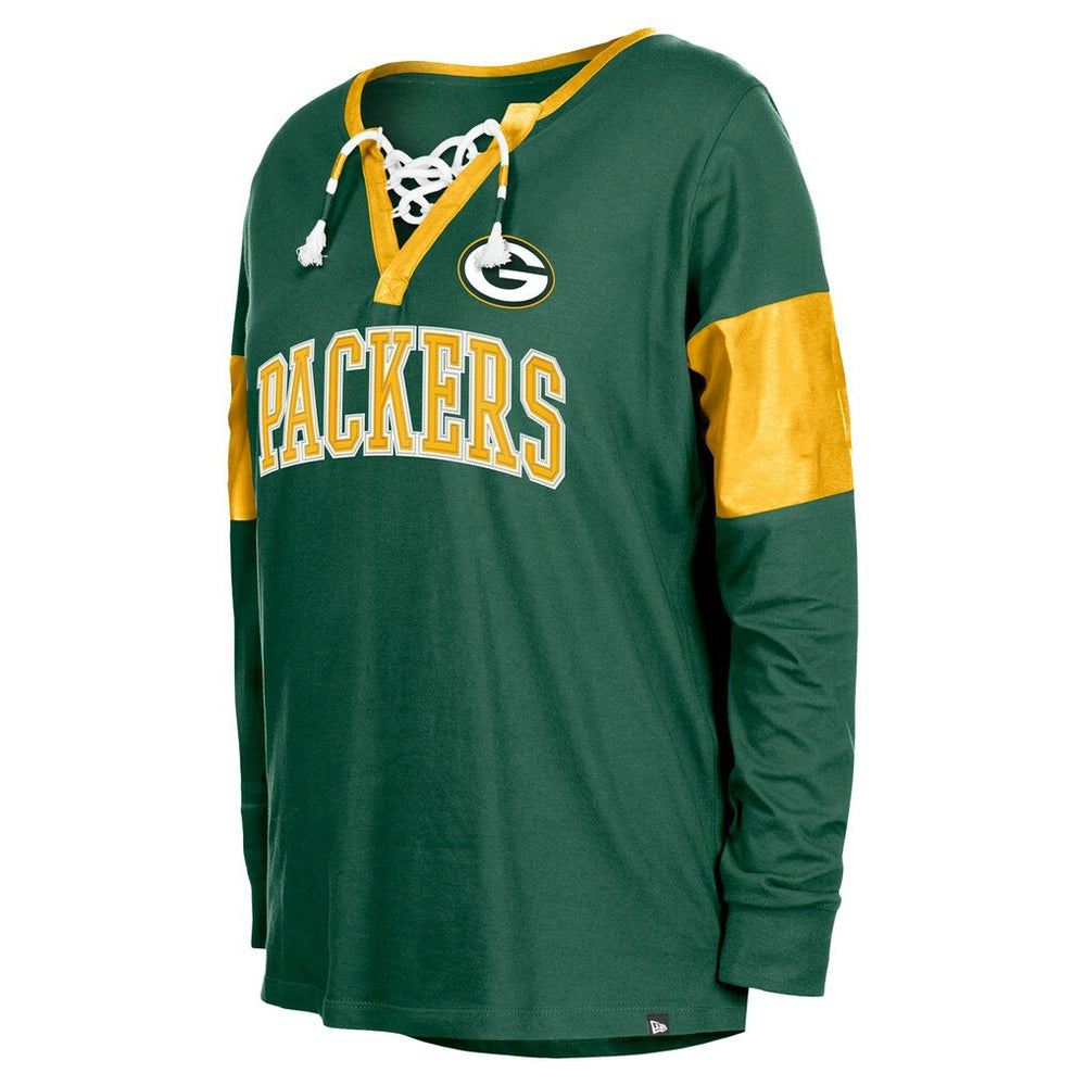 Green Bay Packers New Era Women's Lace-Up Notch-Neck Long Sleeve T-Shirt Green | NFL
