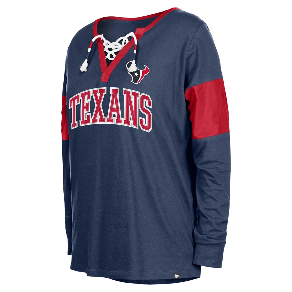 Houston Texans New Era Women's Lace-Up Notch-Neck Long Sleeve T-Shirt Navy | NFL