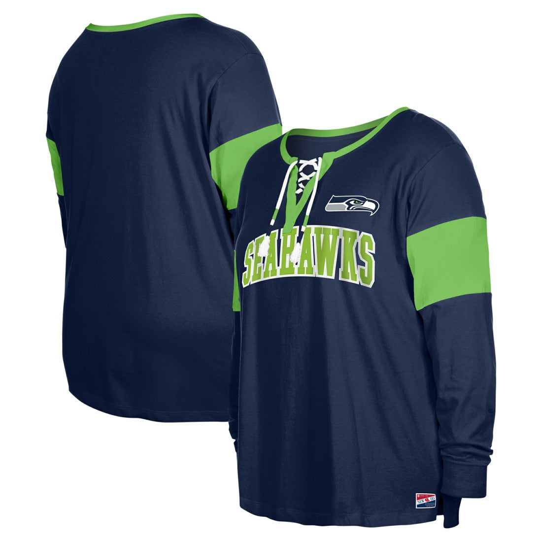 Seattle Seahawks New Era Women's Plus Size Lace-Up Notch Neck Long Sleeve T-Shirt  College Navy | NFL